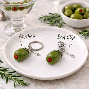 Olive Keychain or Bag Clip – Martini Green Olive Charm – Italian Food Keychain